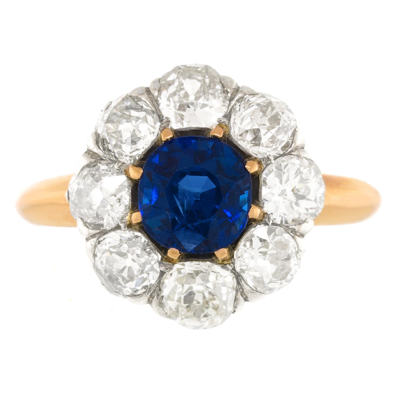 Round Cut Antique French Sapphire and Diamond Ring For Sale