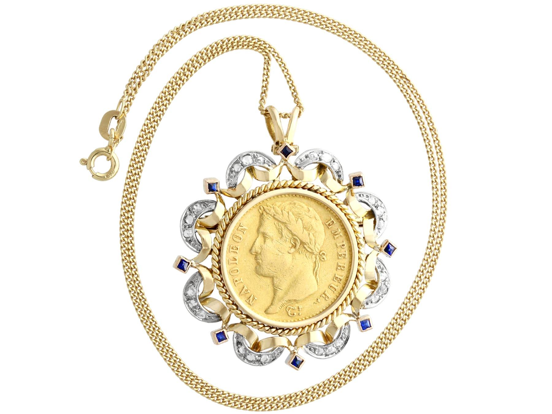 Taille ronde Pendentif ancien français en or jaune, saphirs et diamants avec pièce en or en vente