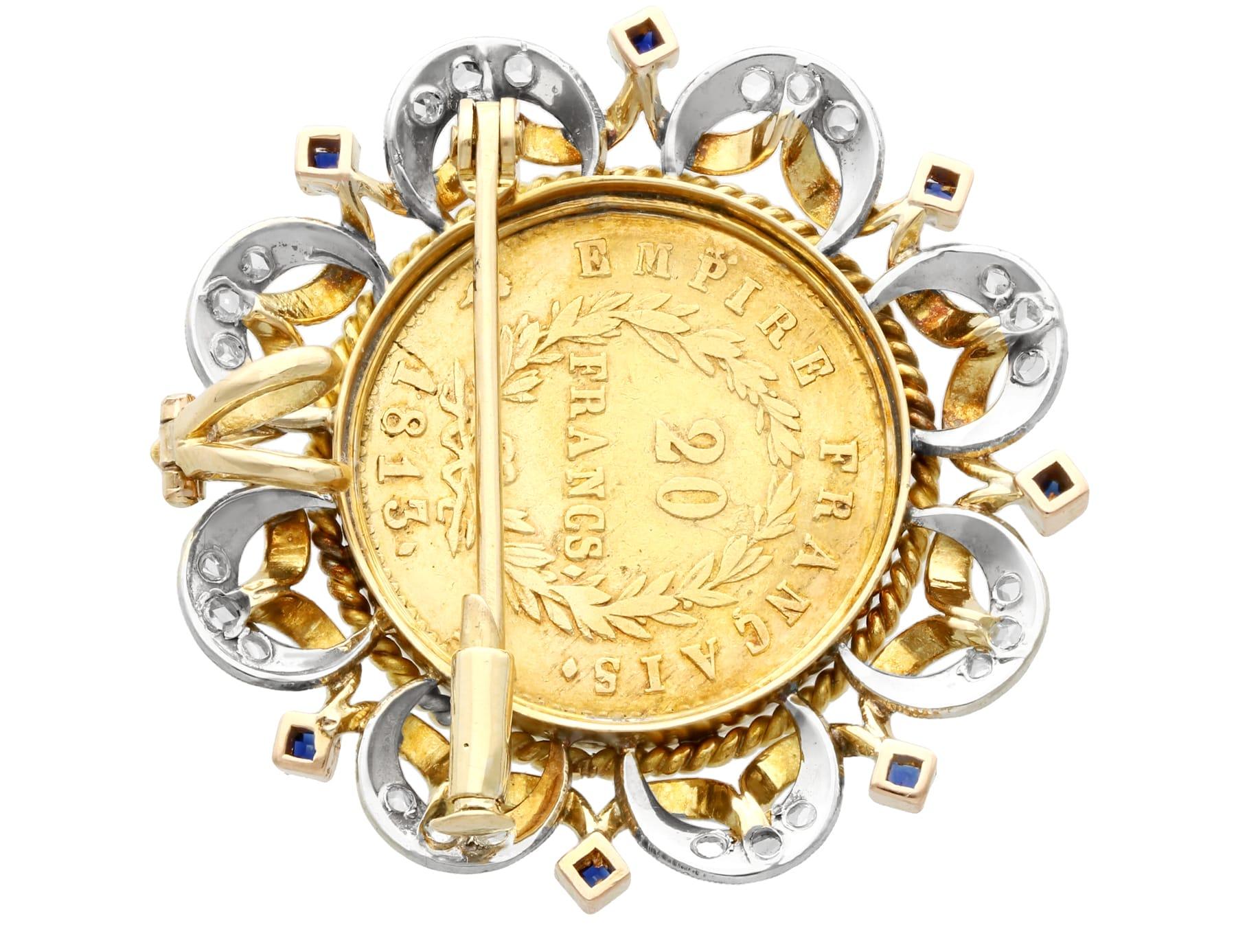 Pendentif ancien français en or jaune, saphirs et diamants avec pièce en or en vente 1