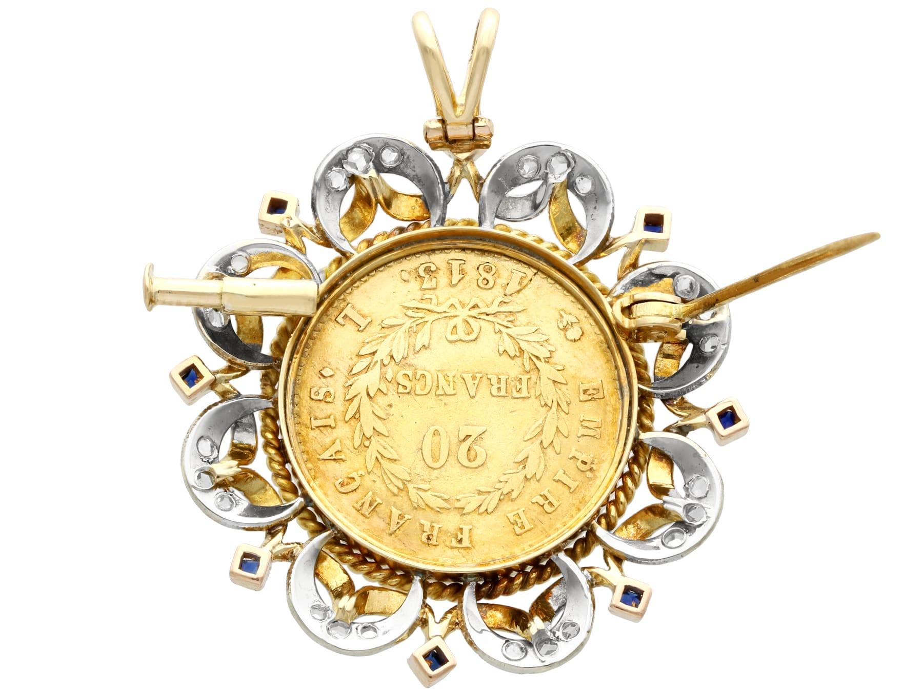 Pendentif ancien français en or jaune, saphirs et diamants avec pièce en or en vente 2