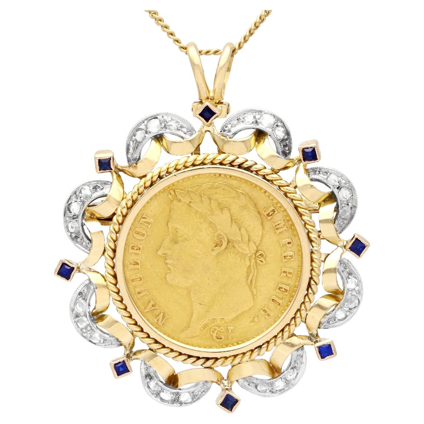Pendentif ancien français en or jaune, saphirs et diamants avec pièce en or en vente