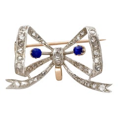 Antique French Sapphire and Diamond Yellow Gold Bow Brooch