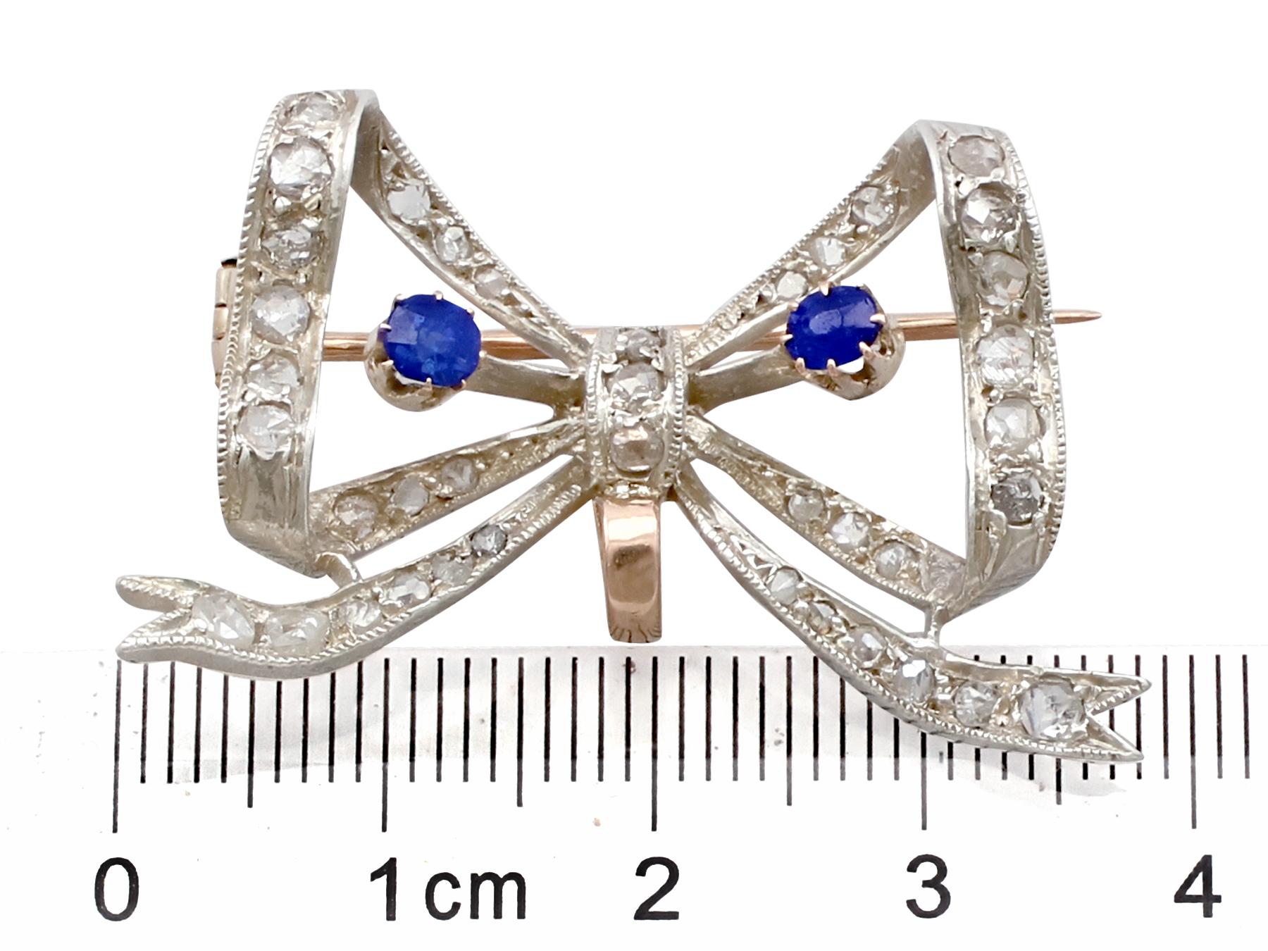 Antique French Sapphire and Diamond Yellow Gold Bow Brooch For Sale 1