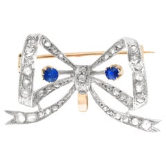Antique French Sapphire and Diamond Yellow Gold Bow Brooch