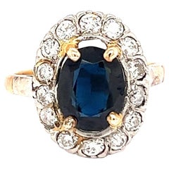 Antique French Sapphire Diamond 18 Karat Gold Platinum Halo Ring