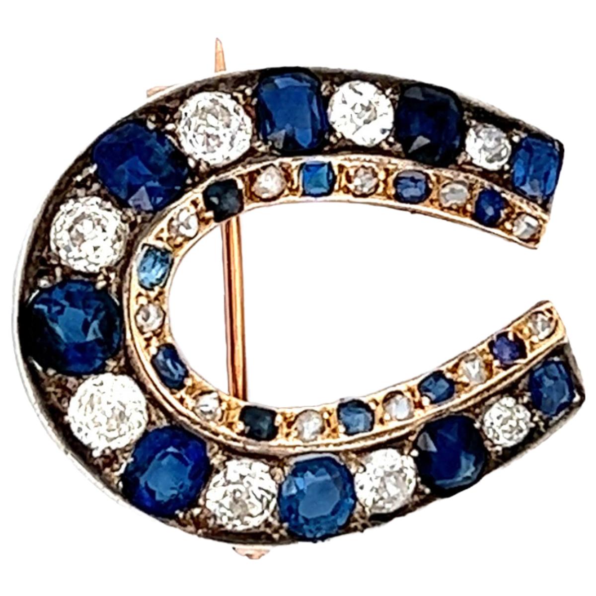 Women's or Men's Antique French Sapphire Diamond 18 Karat Rose Gold Silver Horseshoe Brooch