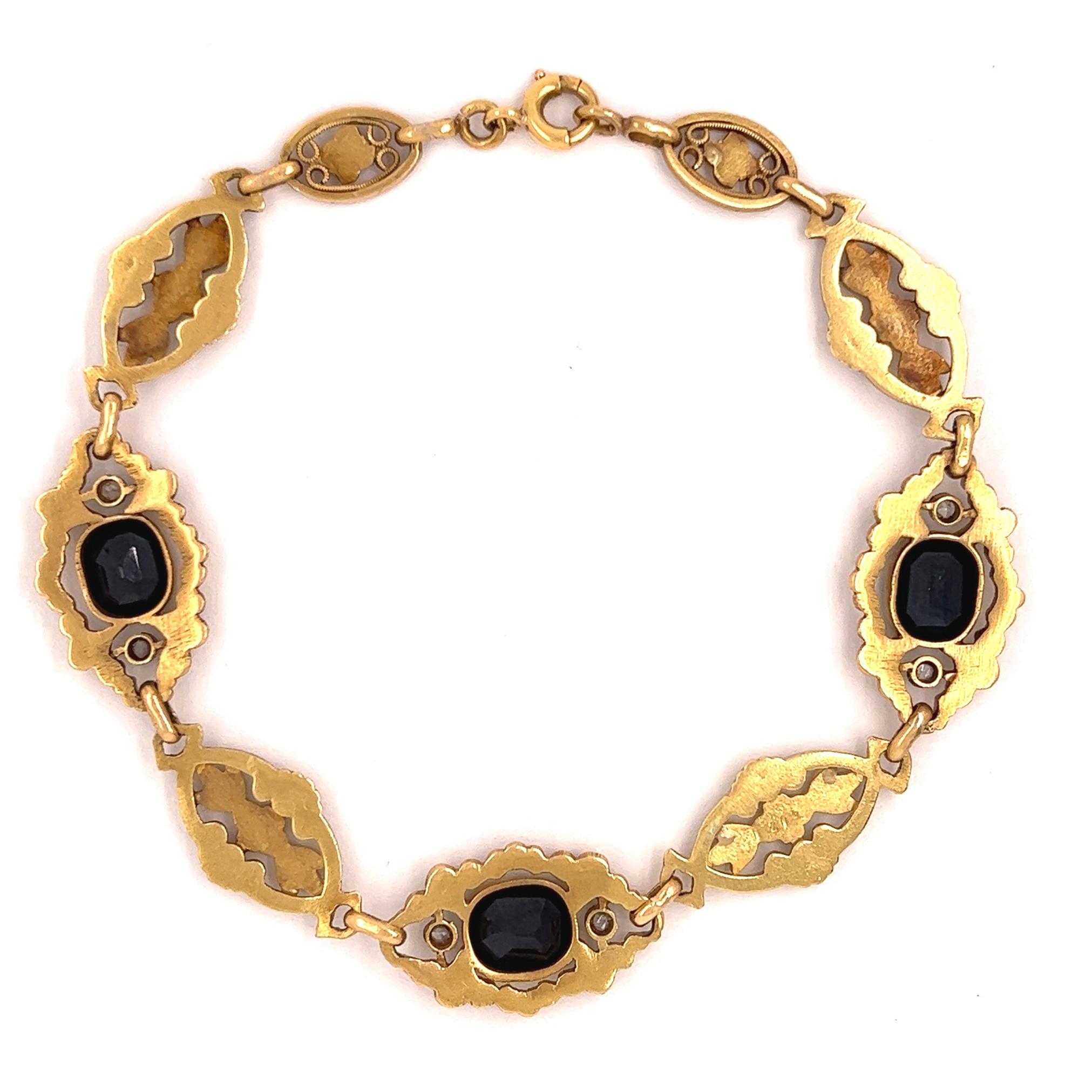 Oval Cut Antique French Sapphire Diamond 18 Karat Yellow Gold Floral Bracelet