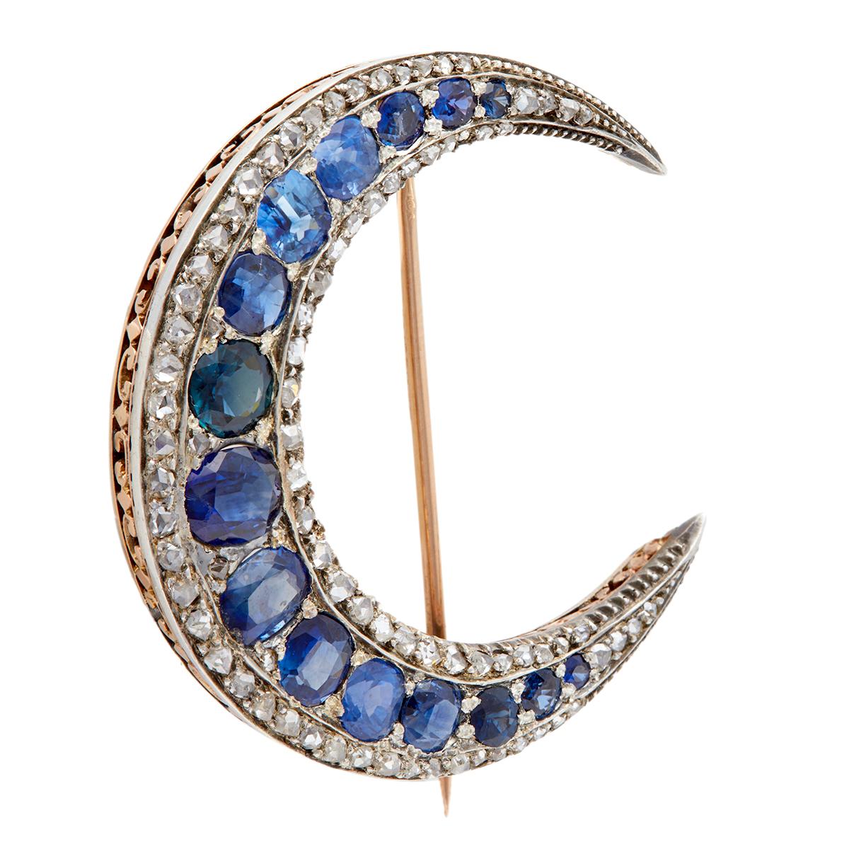 Antique French Sapphire Diamond 18k Rose Gold Silver Crescent Moon Brooch In Good Condition In Beverly Hills, CA