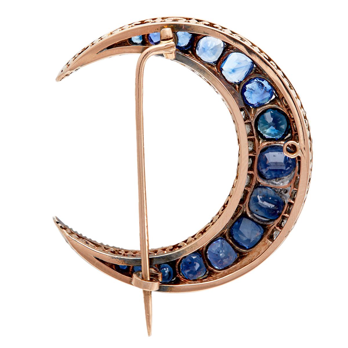Women's or Men's Antique French Sapphire Diamond 18k Rose Gold Silver Crescent Moon Brooch