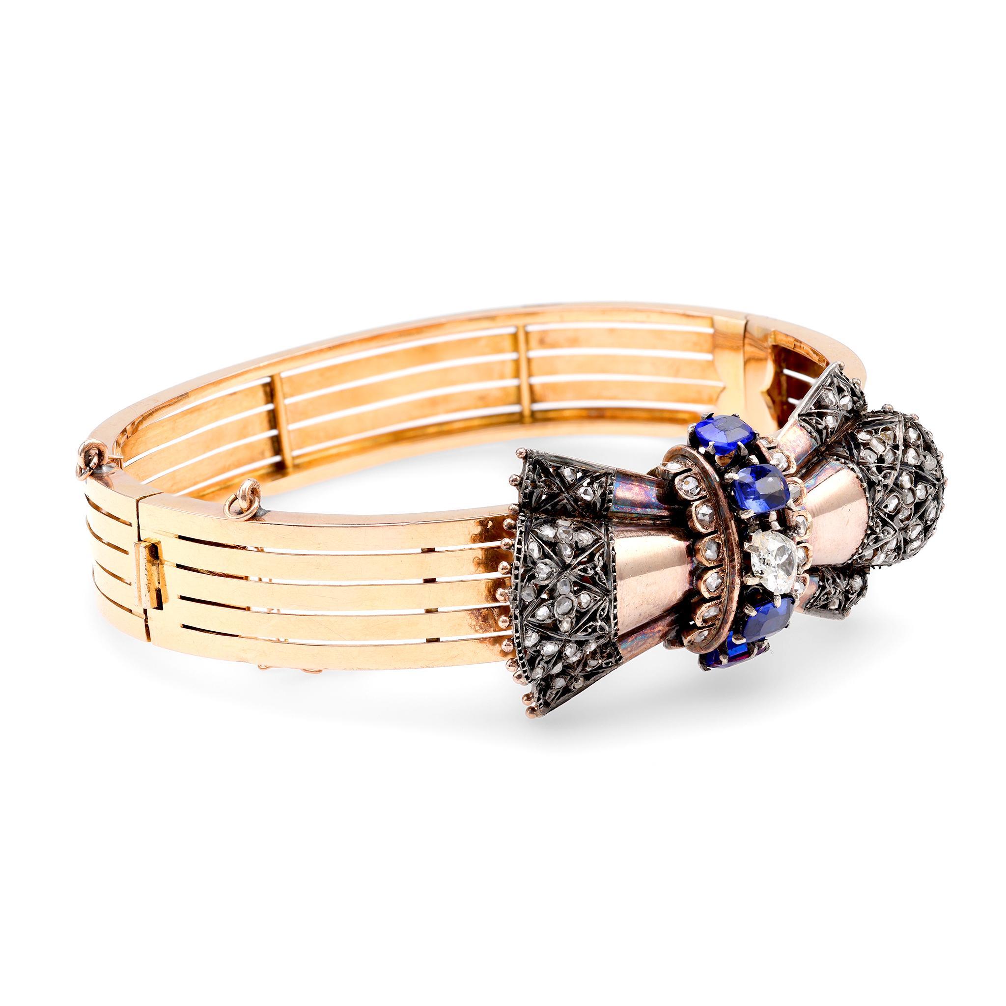 Oval Cut Antique French Sapphire Diamond 18K Yellow Gold Bangle For Sale