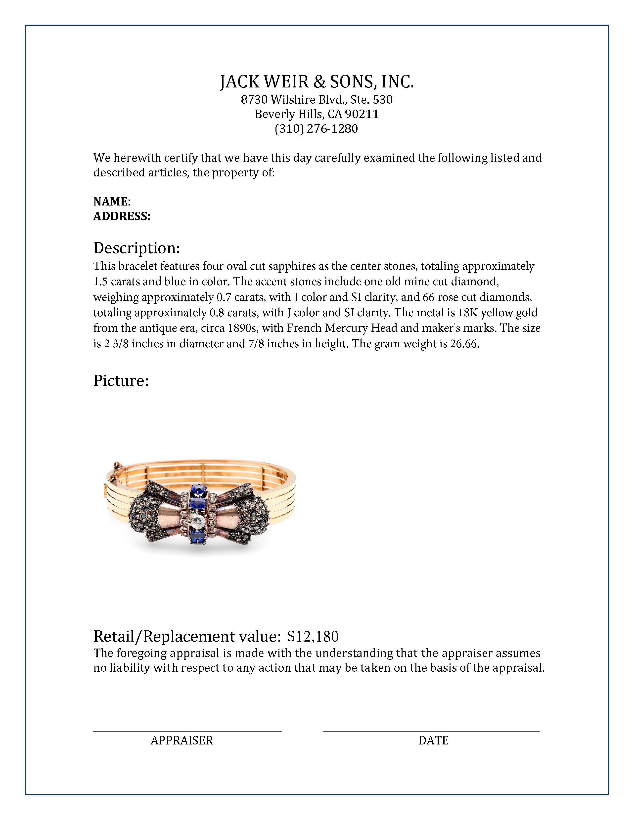 Antique French Sapphire Diamond 18K Yellow Gold Bangle In Excellent Condition For Sale In Beverly Hills, CA