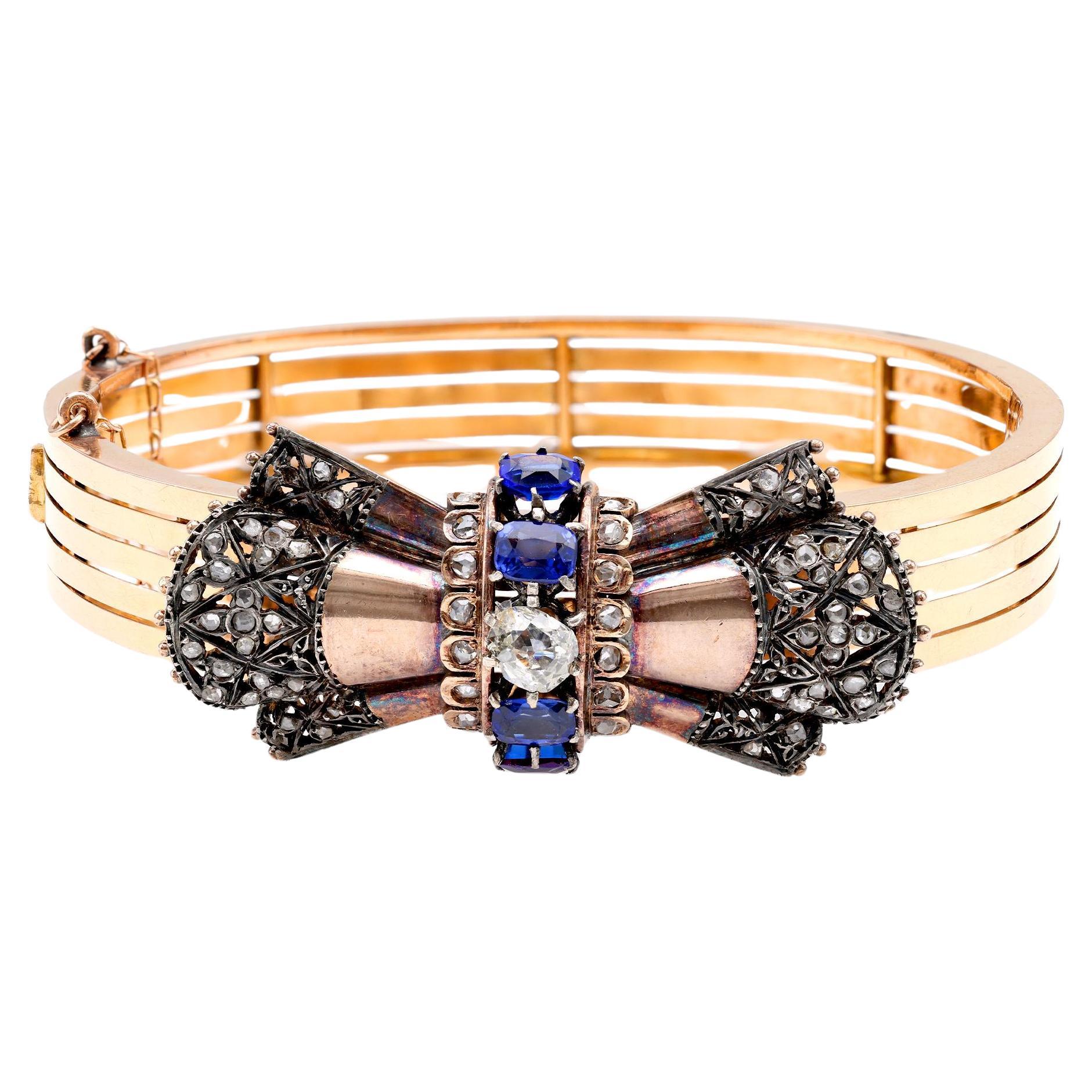 Antique French Sapphire Diamond 18K Yellow Gold Bangle