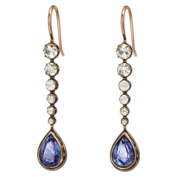 Antique French Sapphire & Diamond Drop Earrings, 8.20ct Ceylon Sapphires, 9K Gol