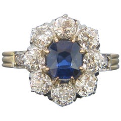 Antique French Sapphire Old Cut Diamond Cluster Rose Gold and Platinum Ring