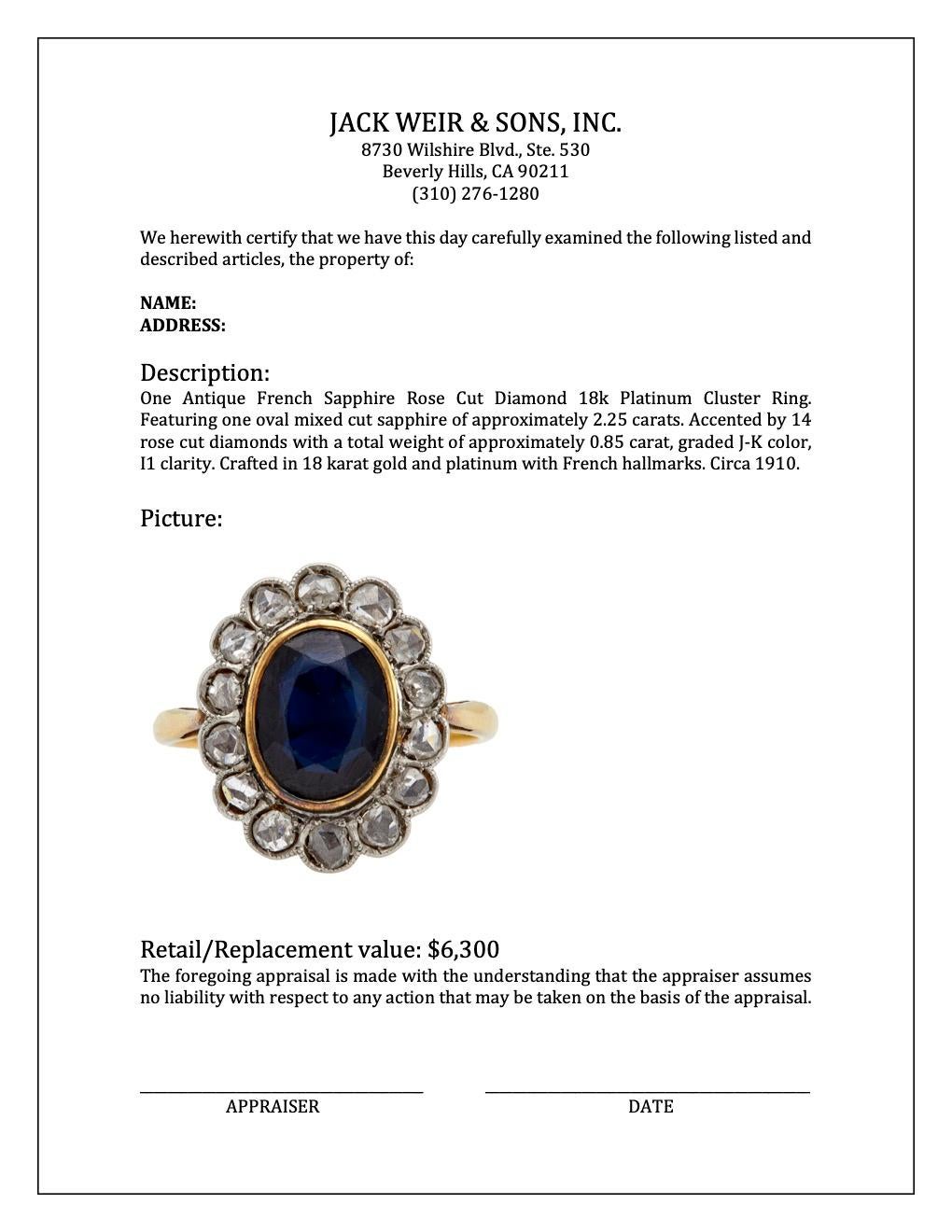 Antiker französischer Saphir-Cluster-Ring aus 18 Karat Platin mit Diamant im Rosenschliff für Damen oder Herren