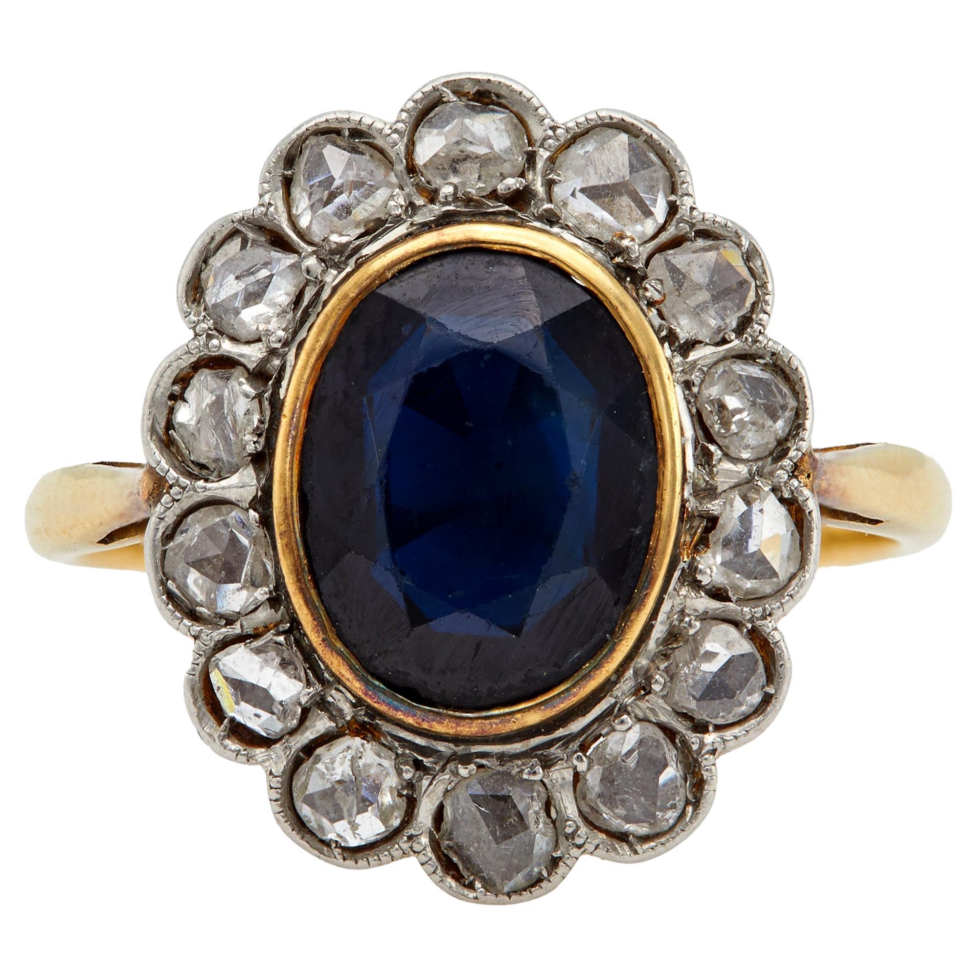 Antiker französischer Saphir-Cluster-Ring aus 18 Karat Platin mit Diamant im Rosenschliff