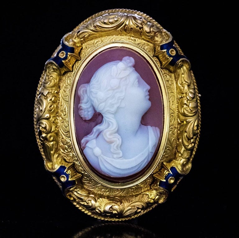Victorian Antique French Sardonyx Cameo Gold Enamel Brooch For Sale