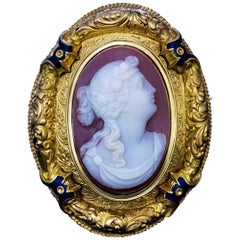 Antique French Broche de esmalte dorado con camafeo de sardónice