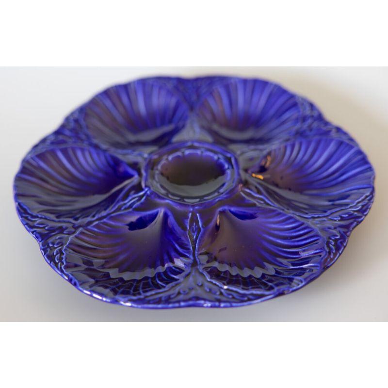 Antique French Sarreguemines Cobalt Blue Oyster Plate In Good Condition For Sale In Pearland, TX