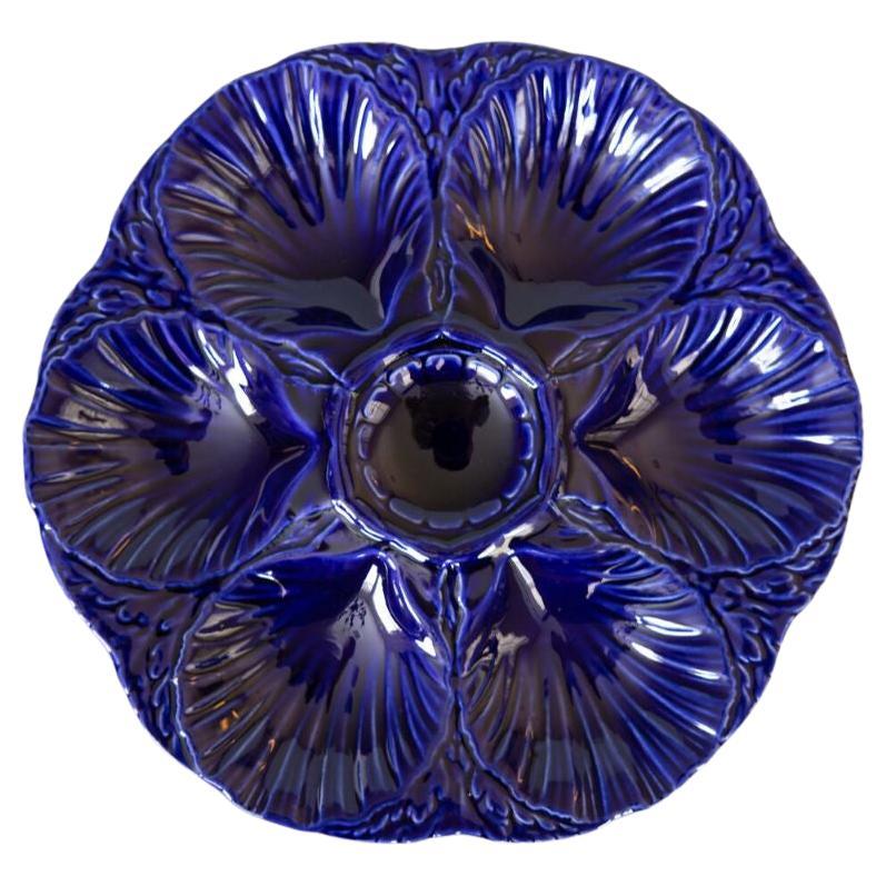 Antique French Sarreguemines Cobalt Blue Oyster Plate For Sale