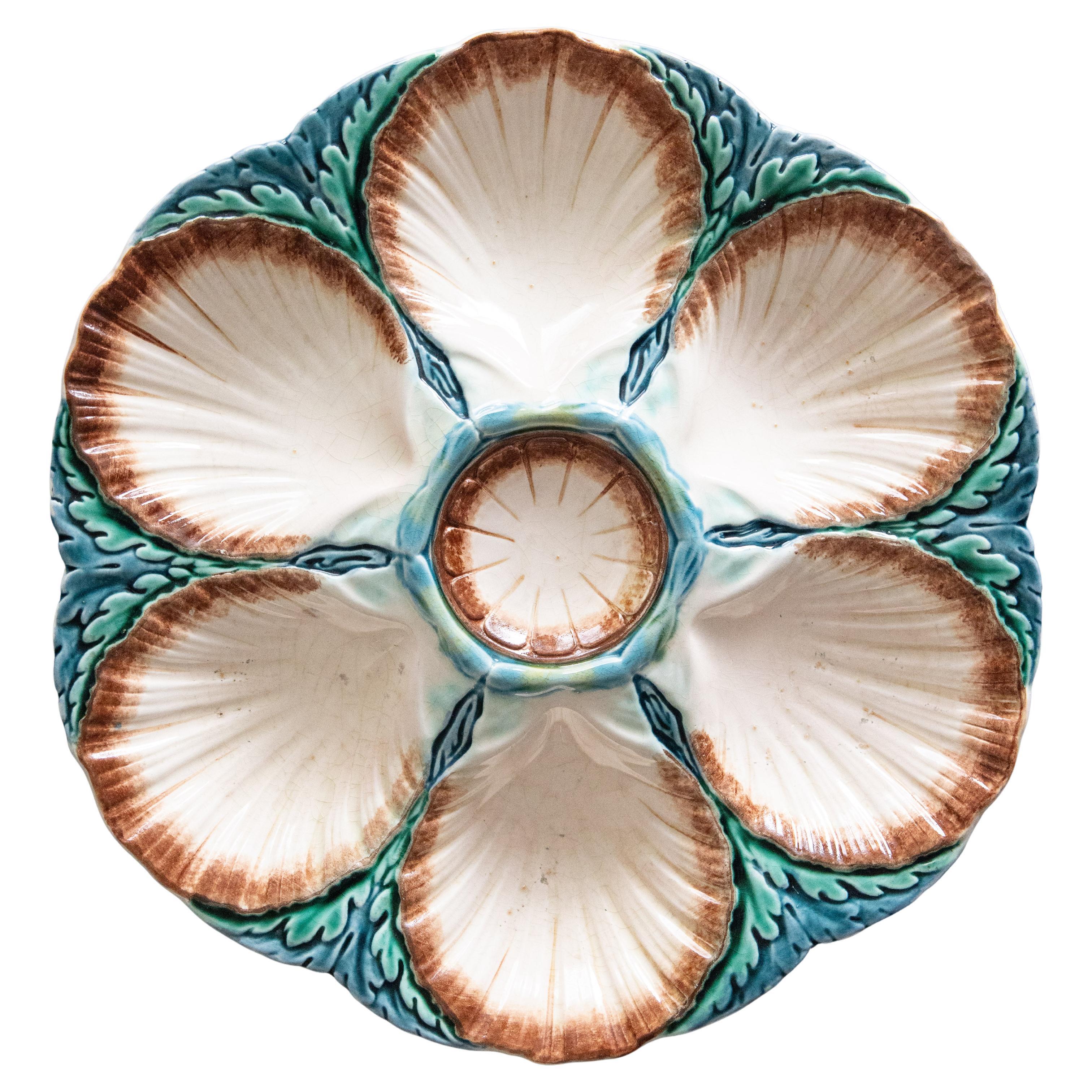 Antique French Sarreguemines Majolica Oyster Plate, Circa 1890
