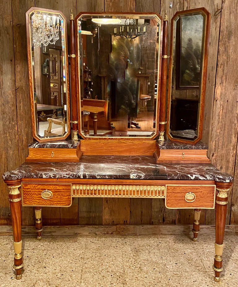 Antique French Satinwood, Gold Bronze and MarbleTop Dressing Table