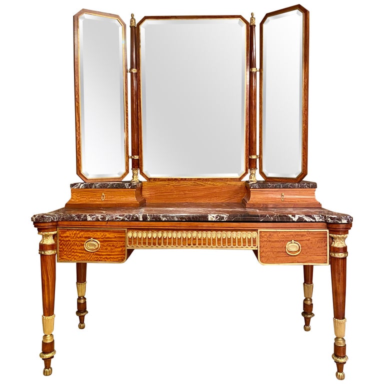 Antique French Satinwood, Gold Bronze and MarbleTop Dressing Table