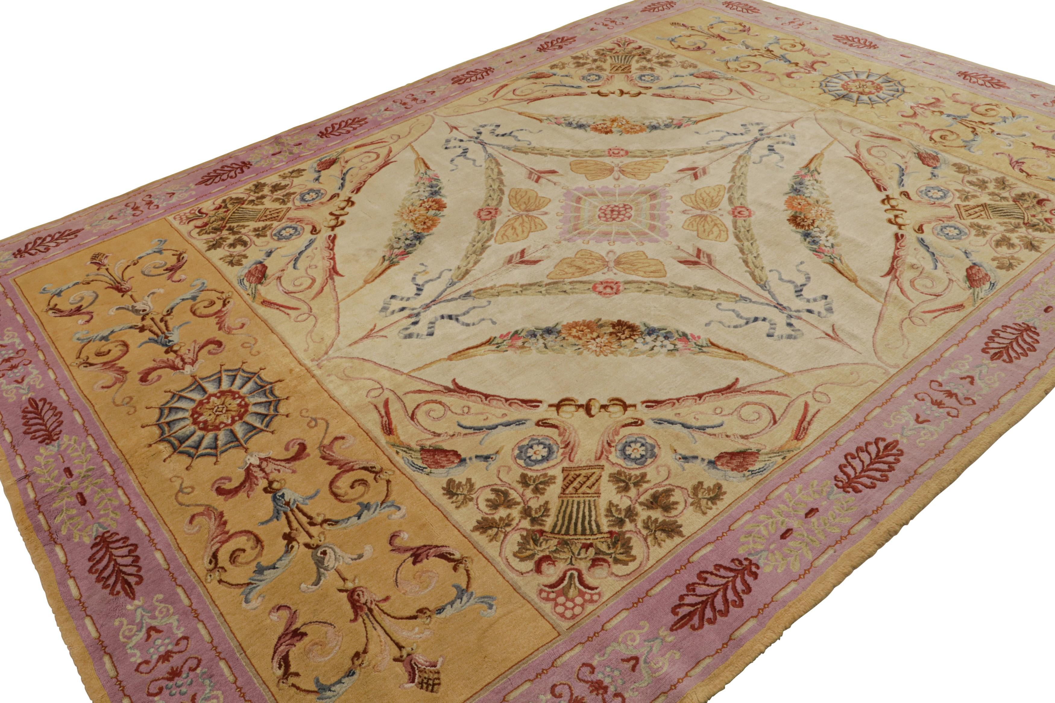 This 10x13 antique French Savonnerie rug is a rare masterpiece from our European rug collection. Hand knotted in wool circa 1850-1860, its design enjoys floral patterns of an elegant feminine sensibility and wide range of colors. 

On the design: