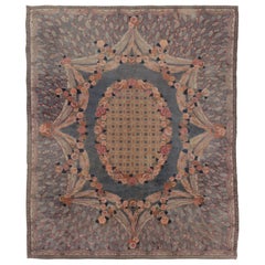 Antique French Savonnerie Rug, Rose Medallion in Sky Blue and Coral-Rug & Kilim