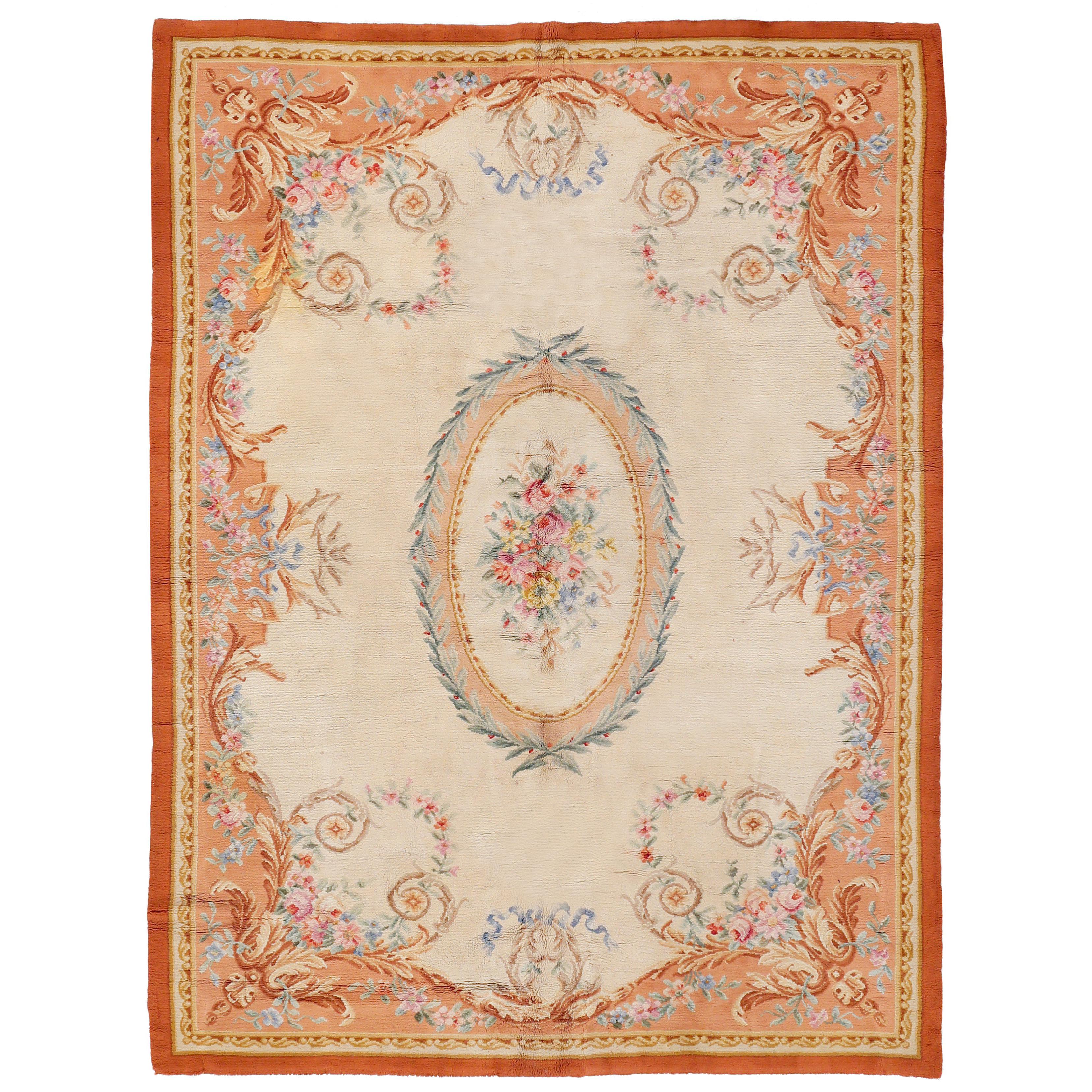 Antique French Savonnerie Rug with Ivory Background For Sale