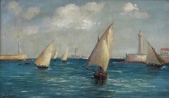 Sailing Boats in Blue Seas Harbour, Antique French signed & dated oil painting