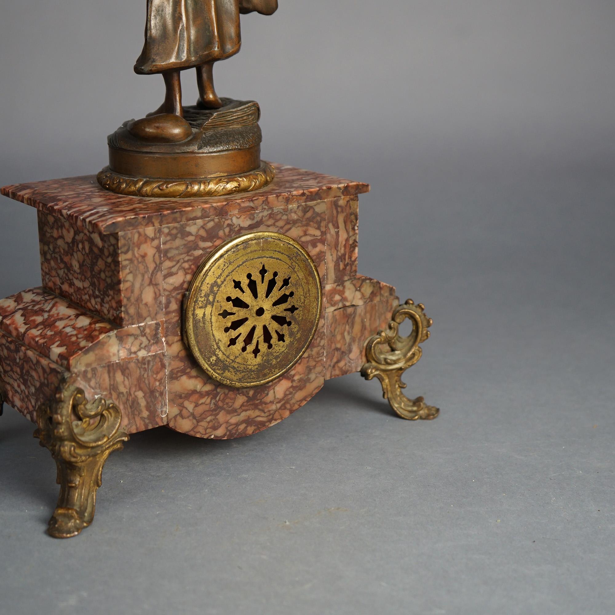 Horloge Scientia française ancienne, métal bronzé figuratif et pied en marbre rouge, vers 1890 en vente 4
