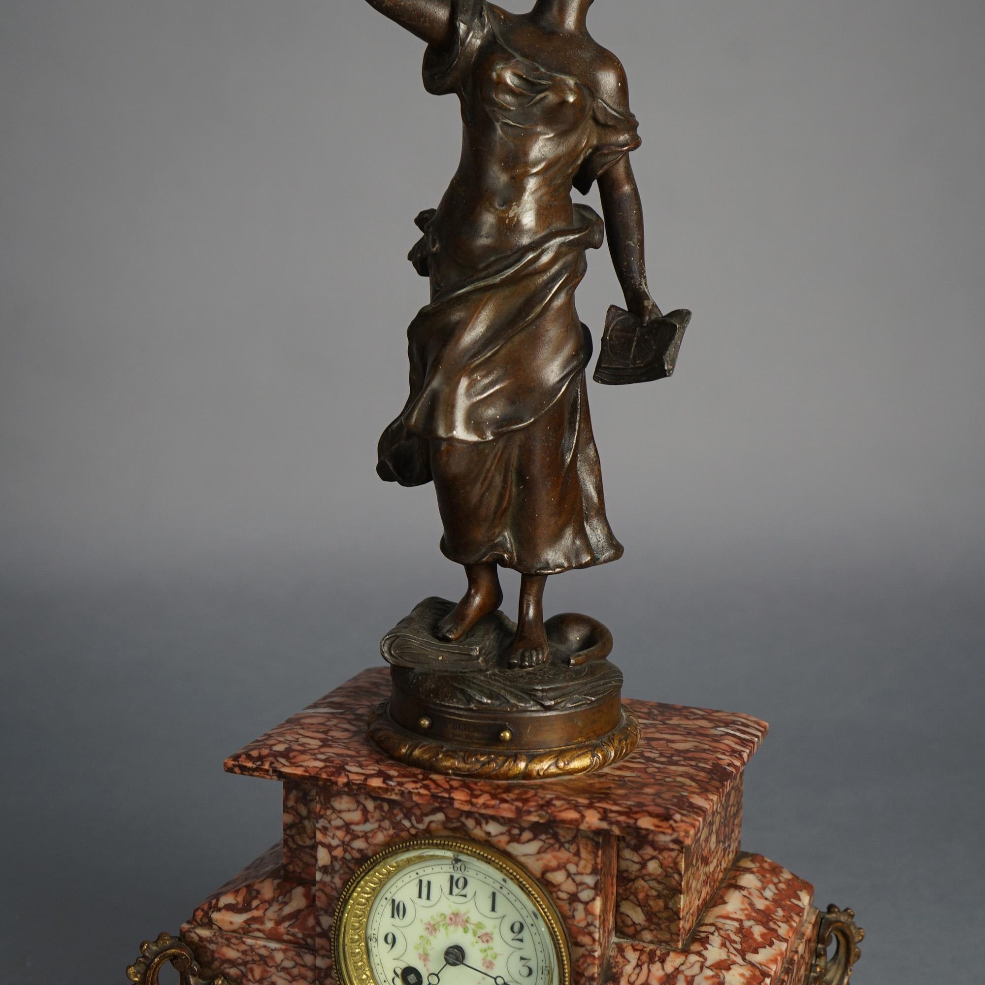 Horloge Scientia française ancienne, métal bronzé figuratif et pied en marbre rouge, vers 1890 Bon état - En vente à Big Flats, NY