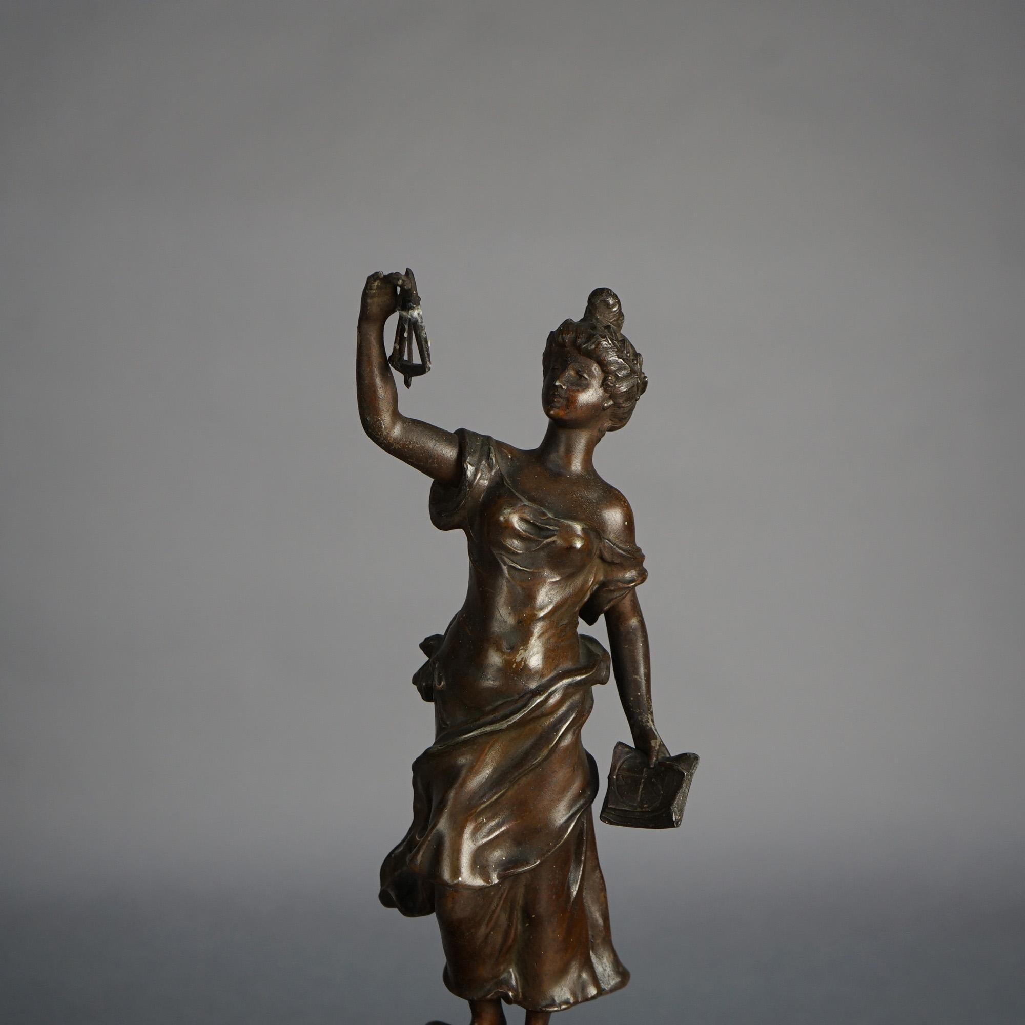 Antique French Scientia, Figural Bronzed Metal & Rouge Marble Footed Clock C1890 For Sale 2