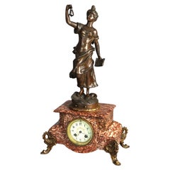 Antique French Scientia, Figural Bronzed Metal 
Rouge Marble Footed Clock C1890