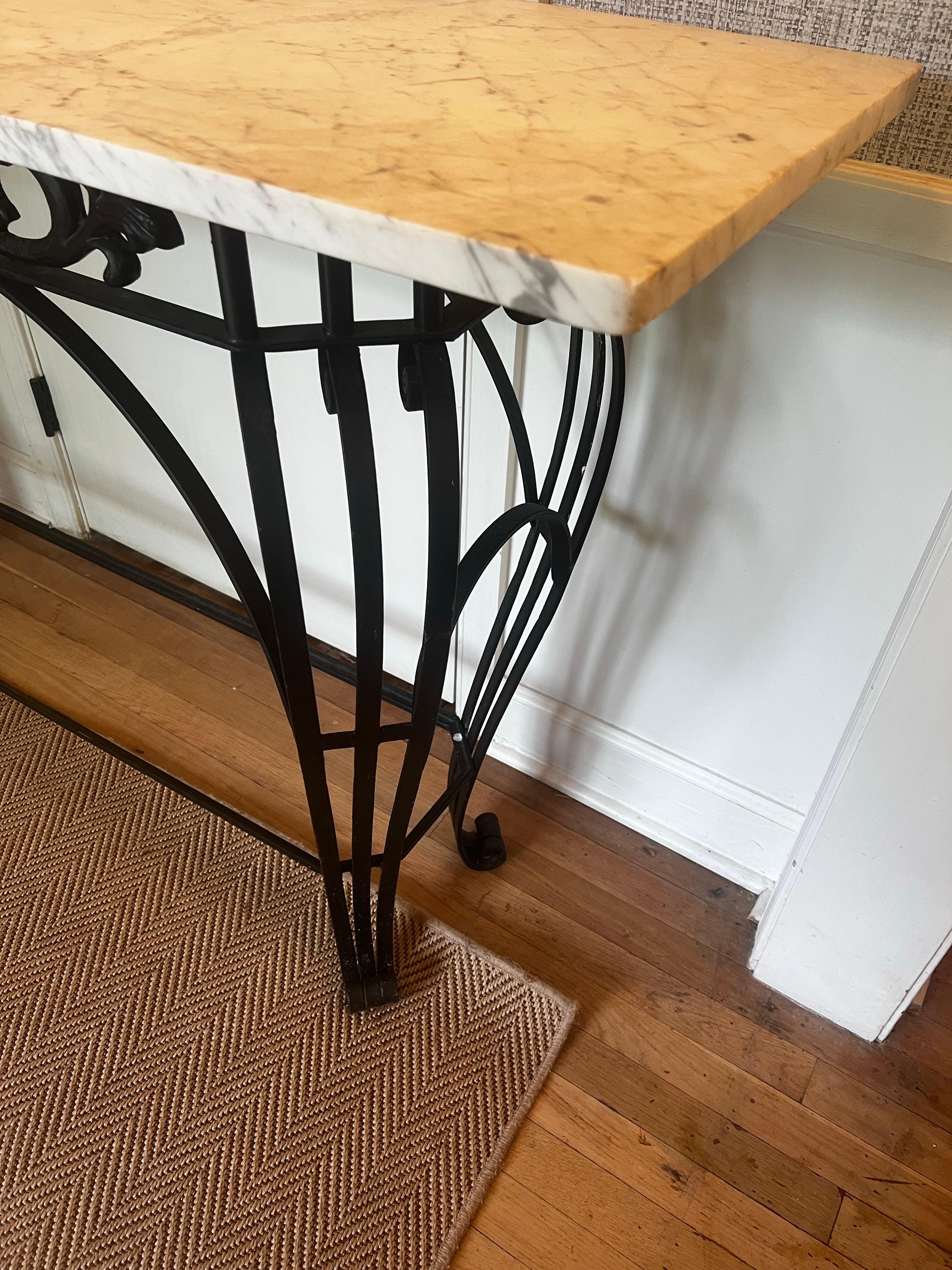 Antique French Console/Centralino in ferro a spirale con piano in marmo di Carrara in vendita 1