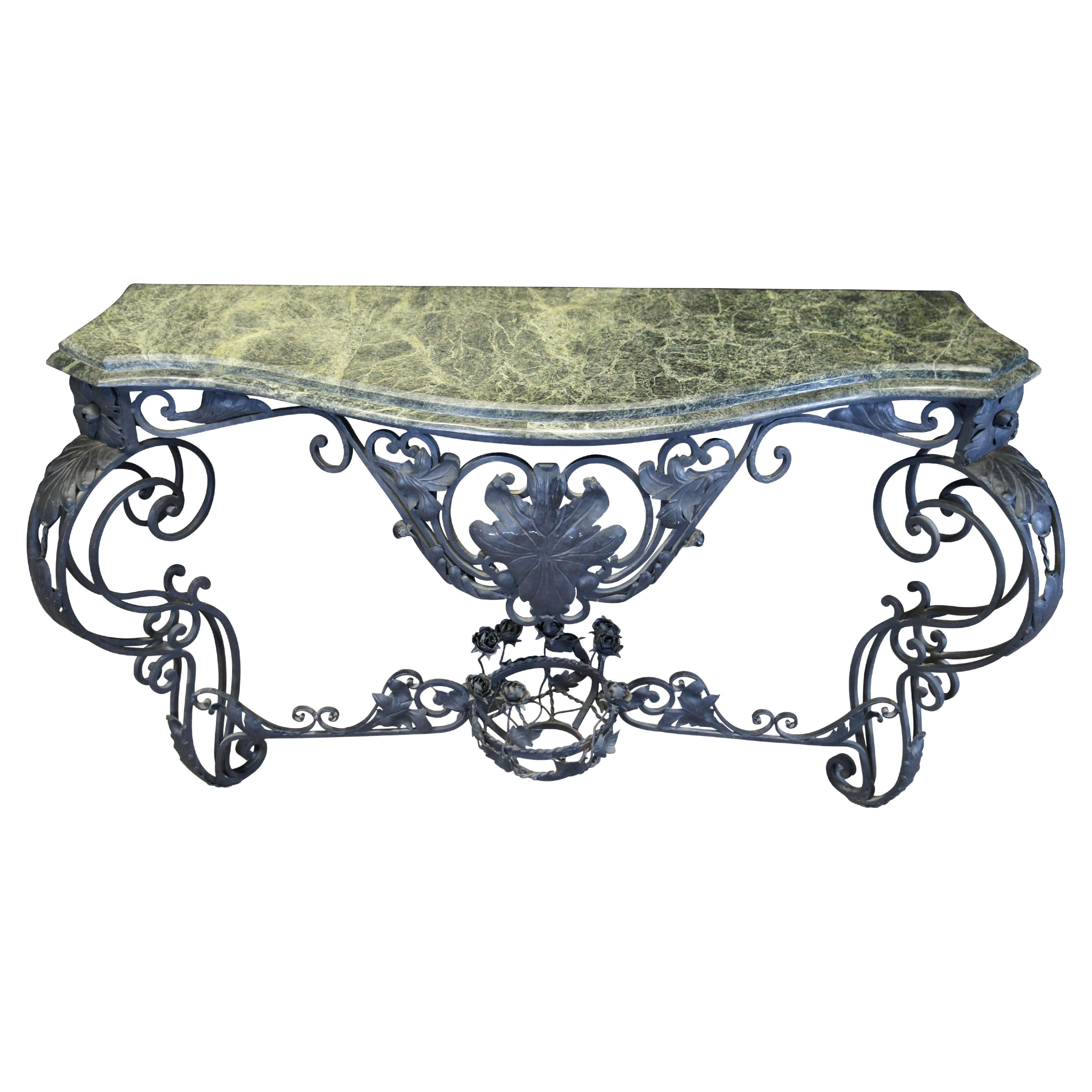 Antique French Scrolled Wrought Iron Marble Console Table Entry Sideboard 66"