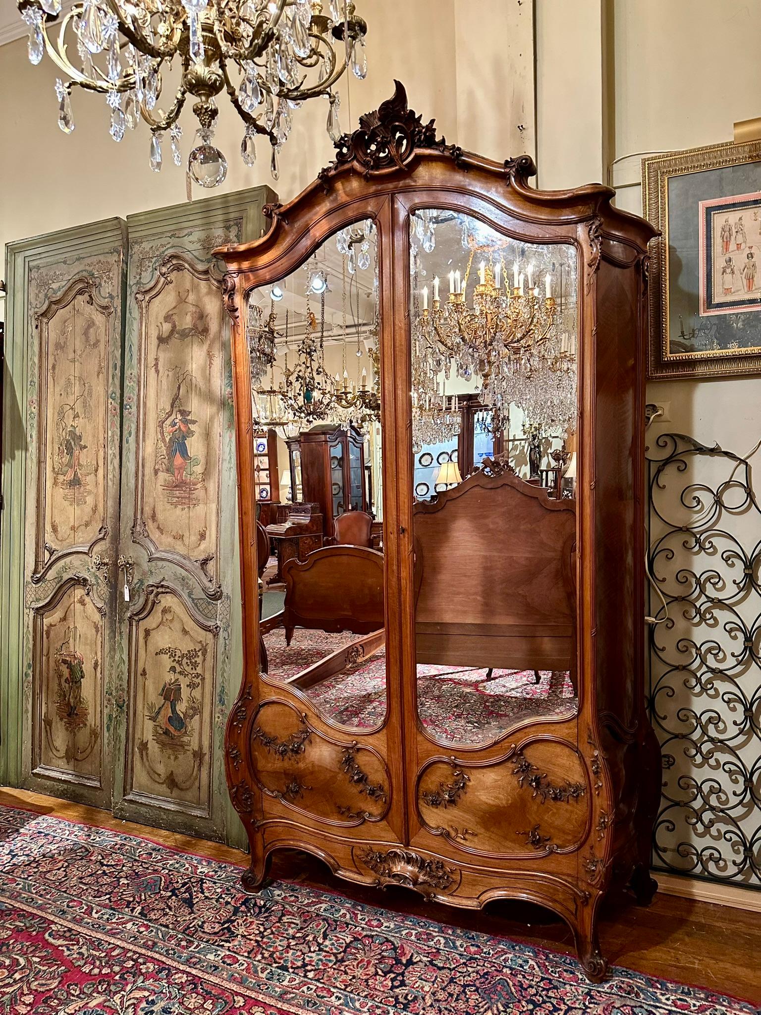 Antique French Sculpted Walnut & Mirrored Armoire Signed 