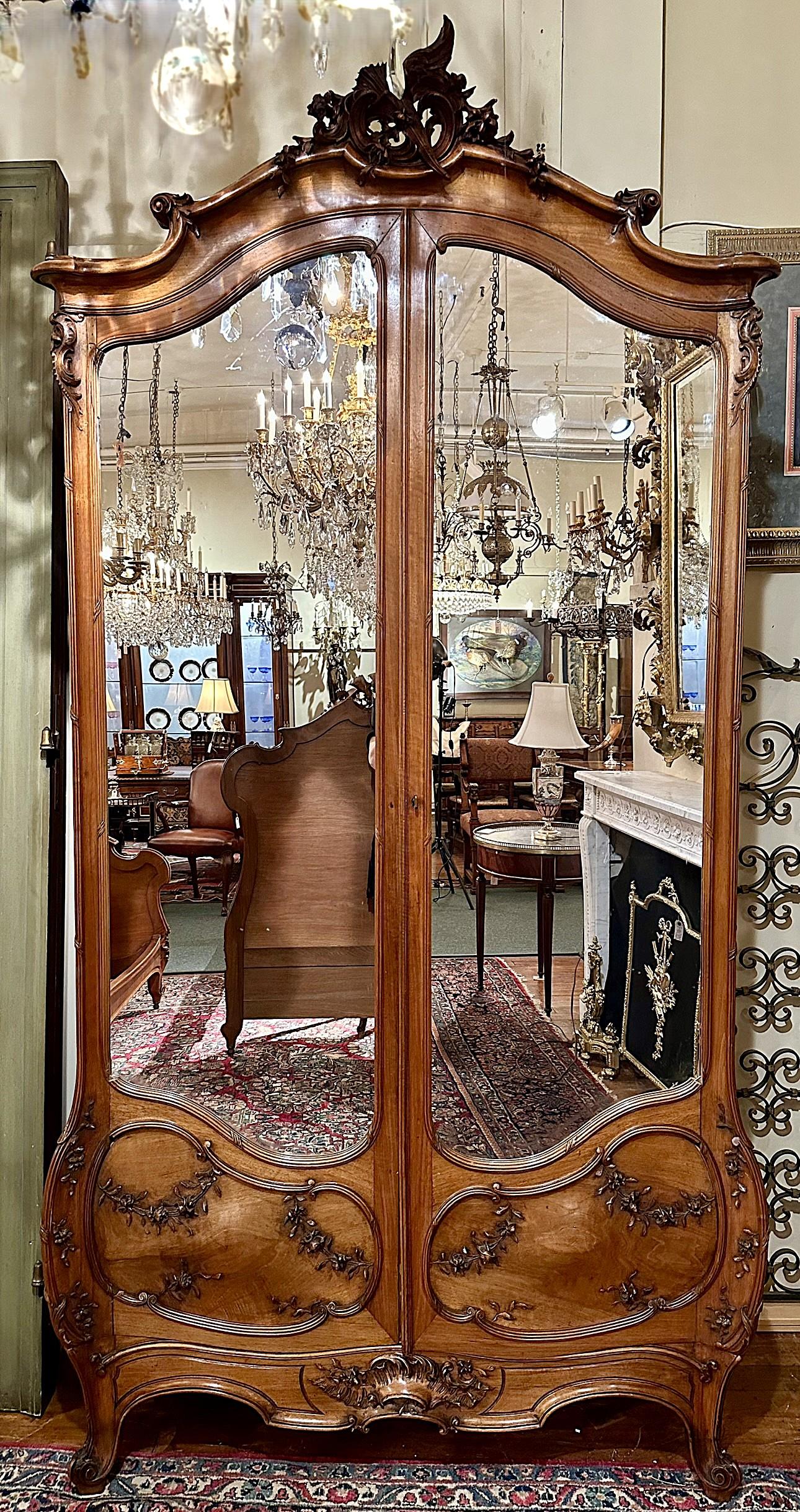 Antique French Sculpted Walnut and Mirrored Armoire Signed 