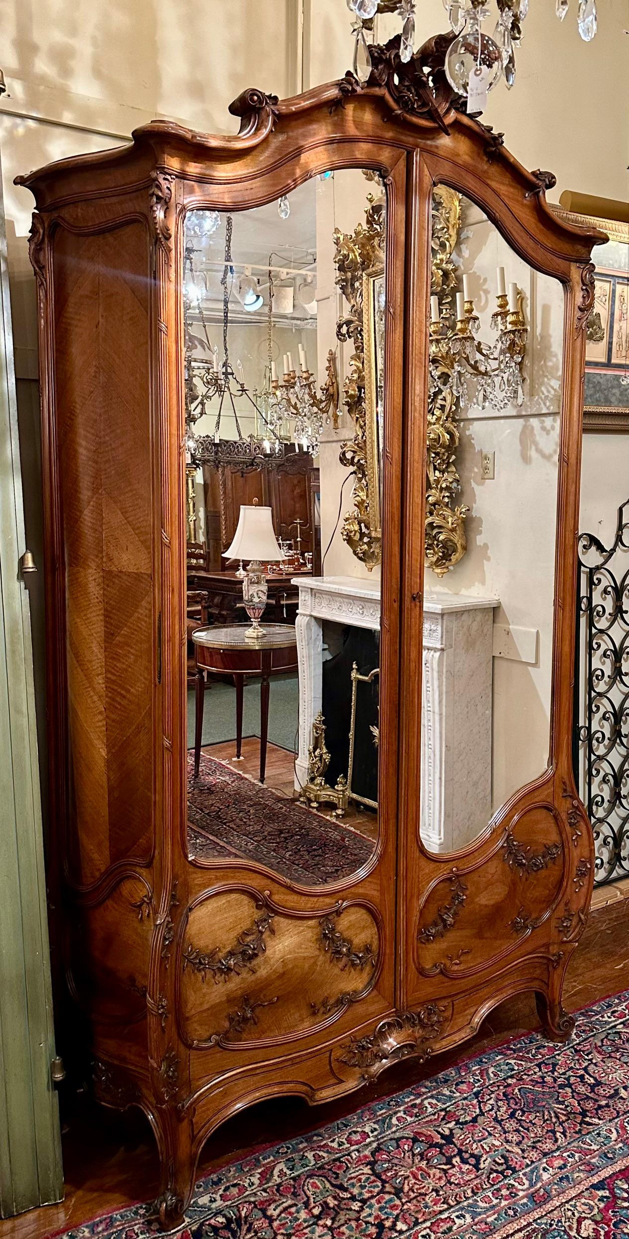 Antique French Sculpted Walnut & Mirrored Armoire Signed 