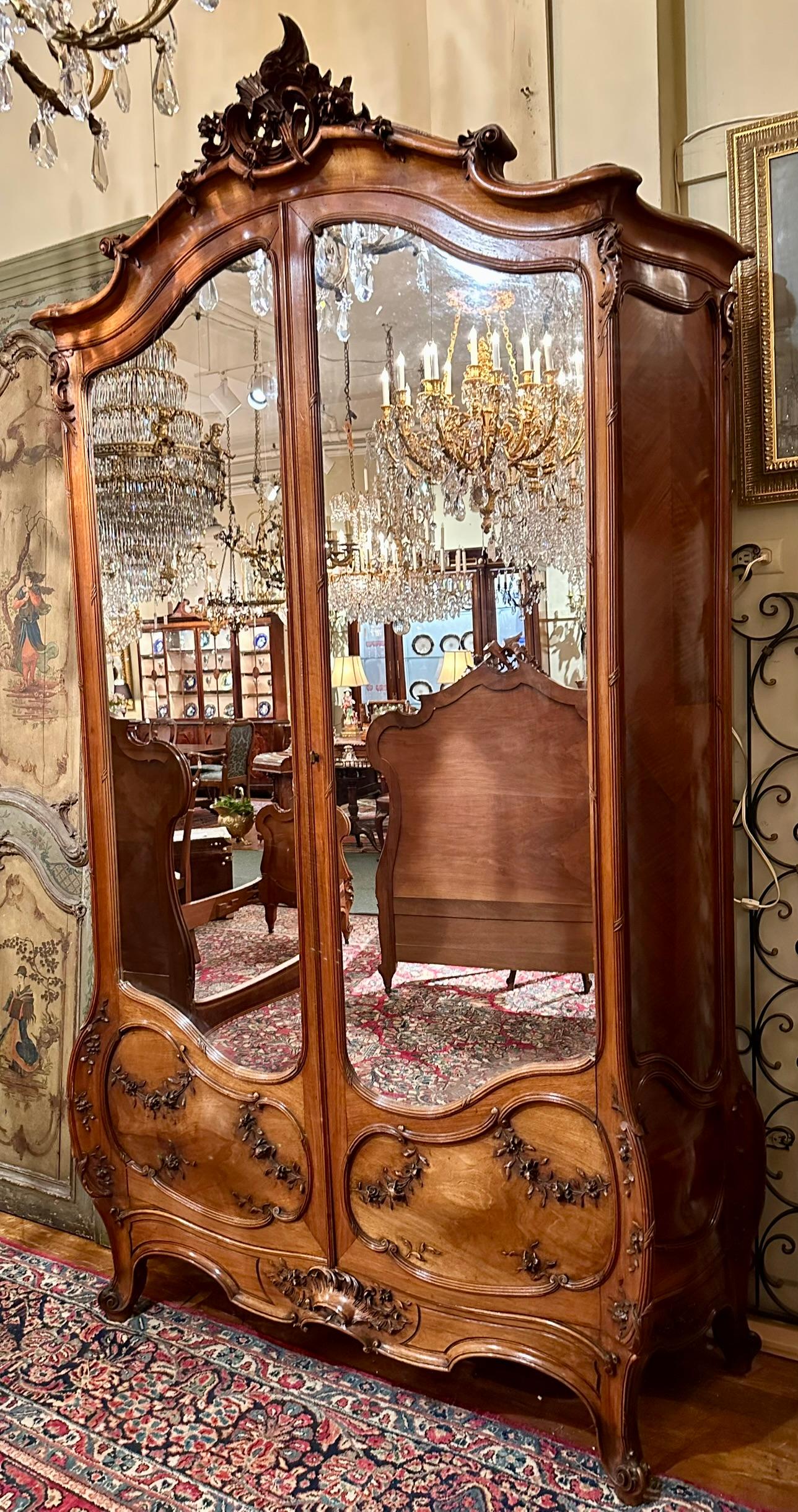 19th Century Antique French Sculpted Walnut & Mirrored Armoire Signed 