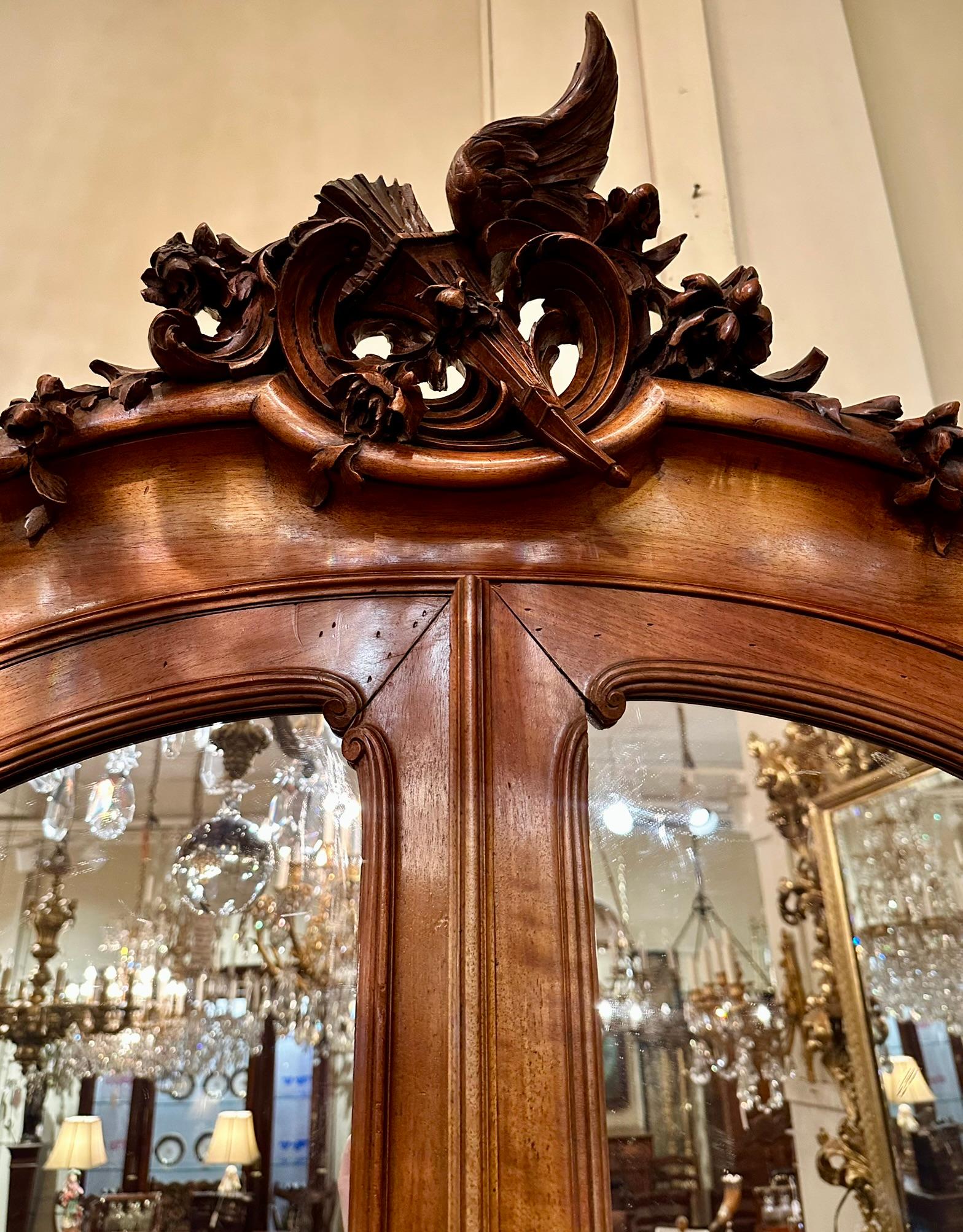 Antique French Sculpted Walnut & Mirrored Armoire Signed 