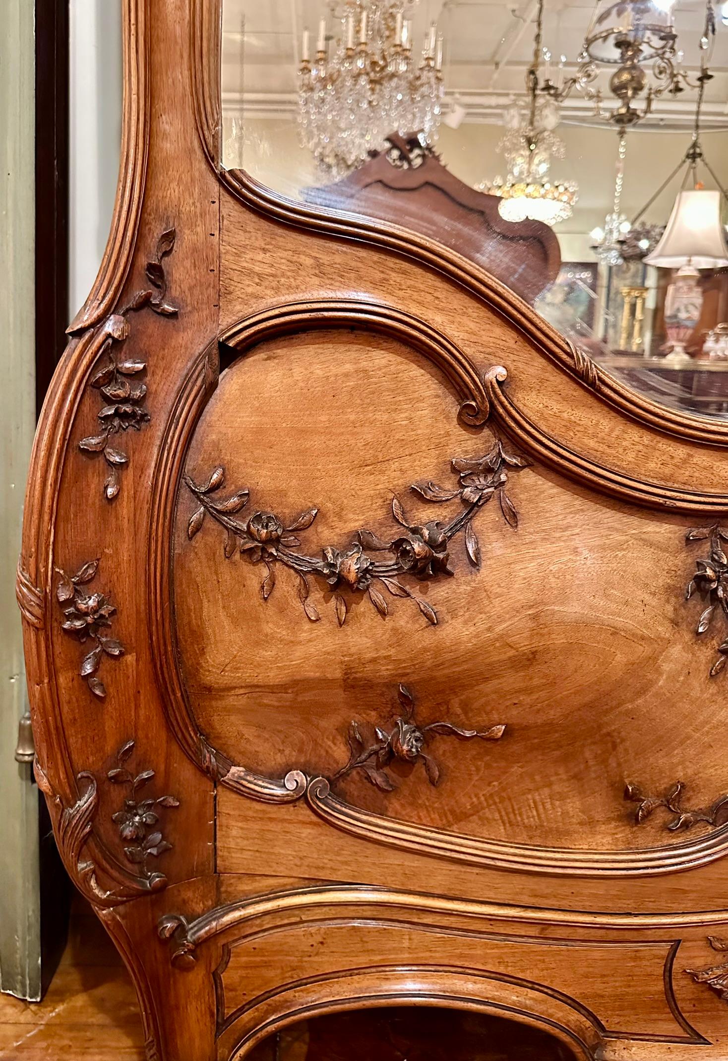 Antique French Sculpted Walnut & Mirrored Armoire Signed 