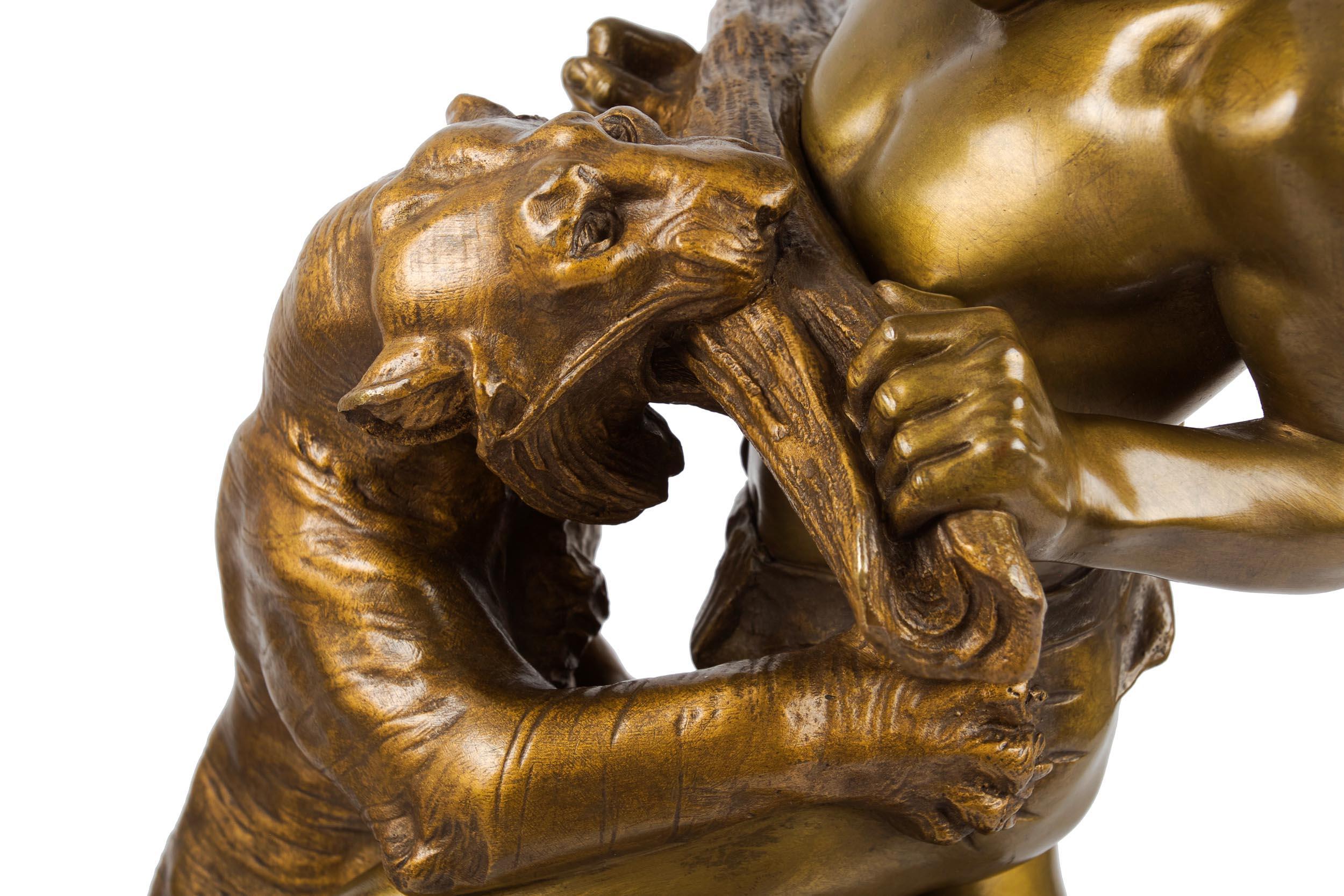 Art Deco Antique French Sculpture of Man Fighting Tiger by Edouard Drouot