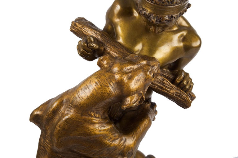 Bronze Antique French Sculpture of Man Fighting Tiger by Edouard Drouot