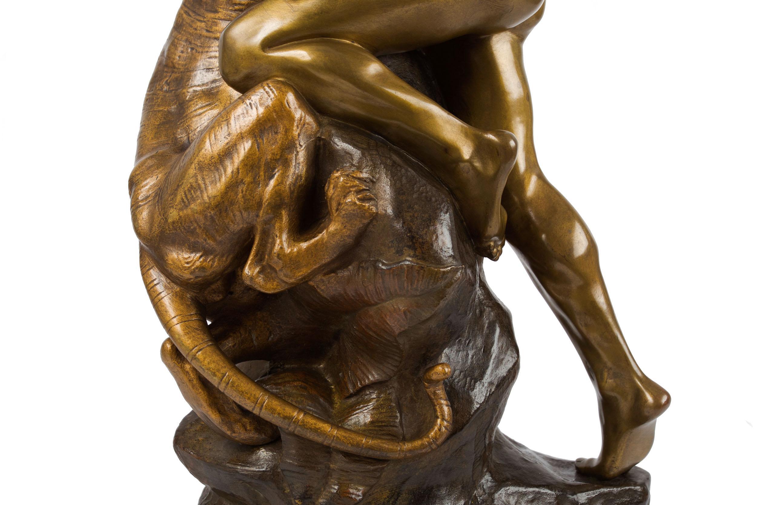 20th Century Antique French Sculpture of Man Fighting Tiger by Edouard Drouot