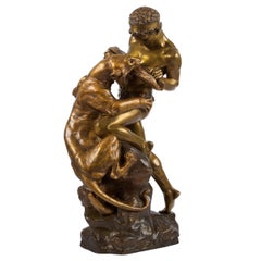 Antique French Sculpture of Man Fighting Tiger by Edouard Drouot