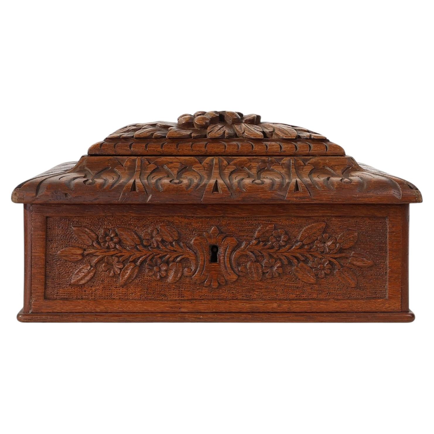 Antique French sculptured sewing box in oak, ca. 1900