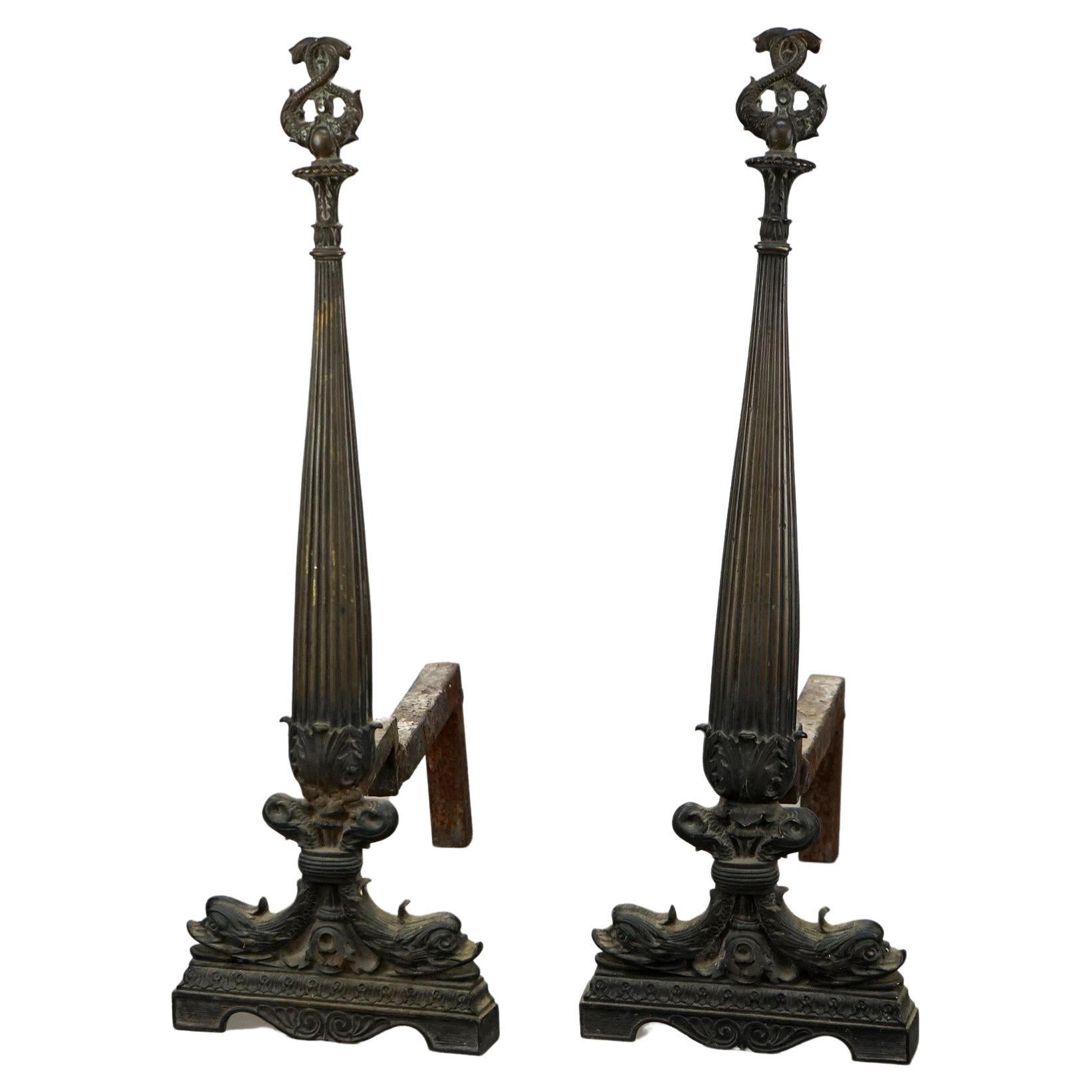 Antique French Second Empire Figural Bronze Andirons with Dolphin Finials 19th C For Sale