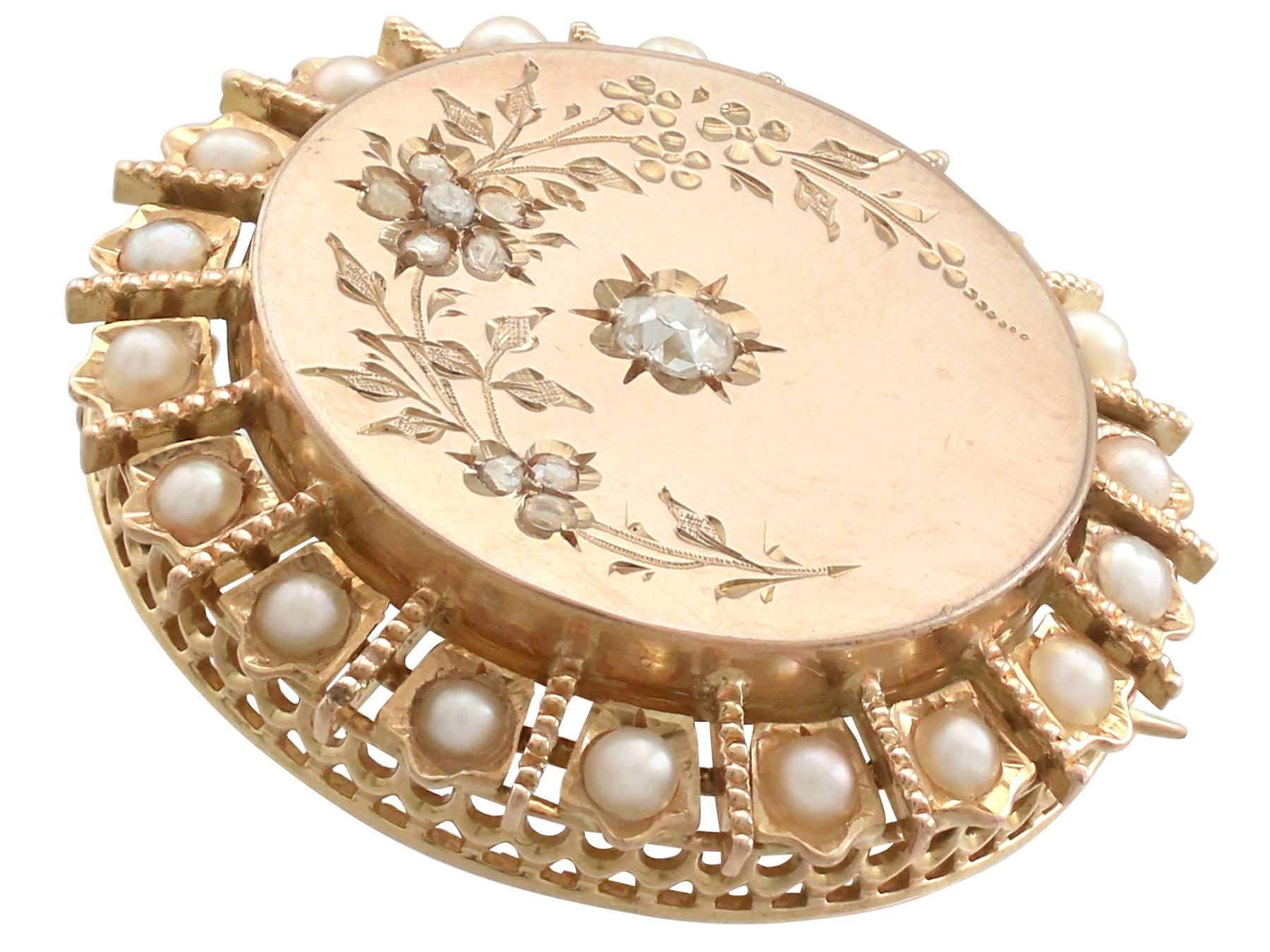 An impressive antique French seed pearl and 0.25 carat diamond, 18 karat yellow gold brooch; part of our diverse antique jewelry collections.

This fine and impressive antique pearl and diamond brooch has been crafted in 18k yellow gold.

The brooch